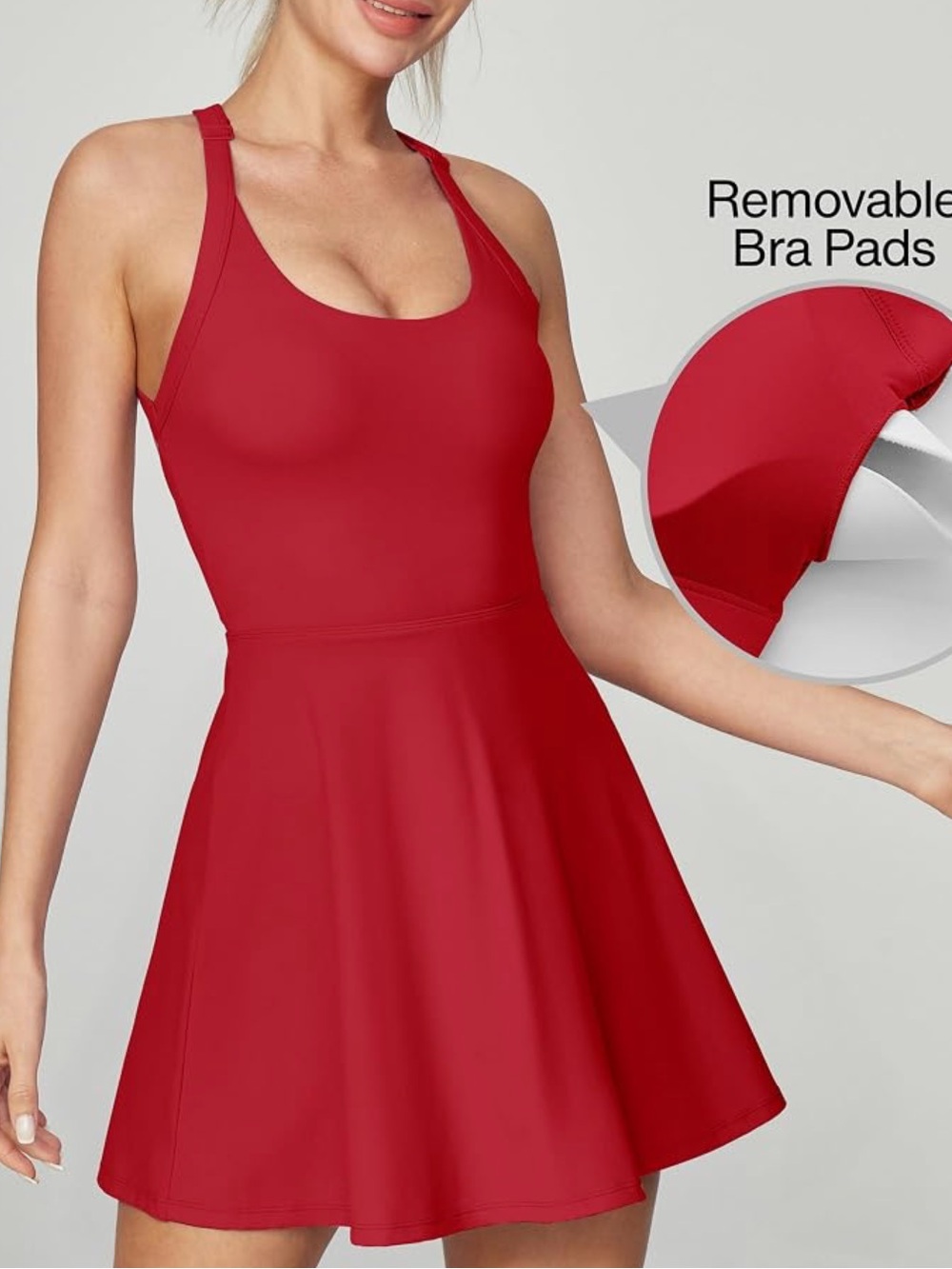Red Active Skater Dress with Built-In Removable Bra Pads